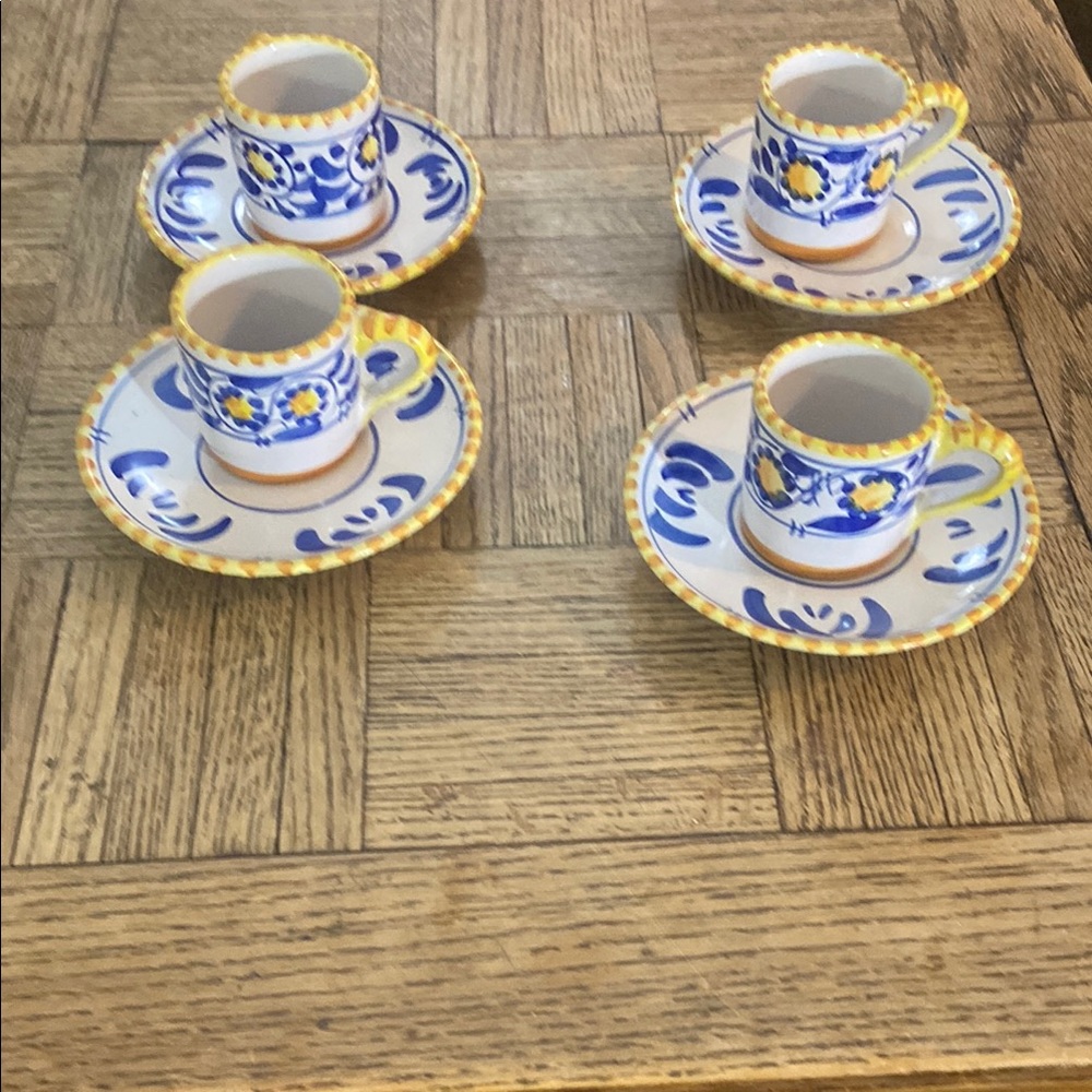 Vintage Hand-Painted Set of 4 Espresso Cups with Saucers